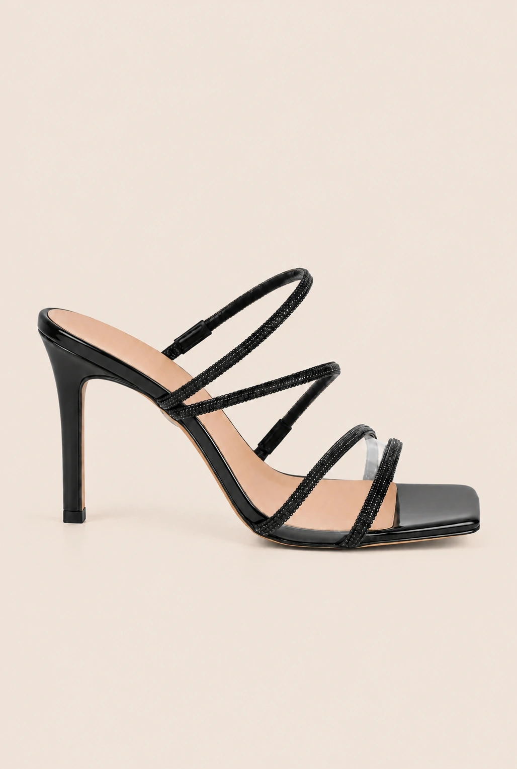 Athina - tongs laquées noires avec zircons
